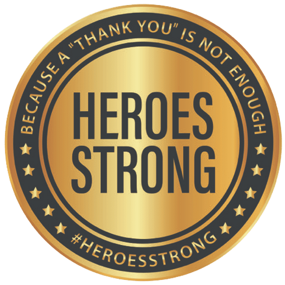 Gold badge with Heroes Strong and #HeroesStrong text, expressing gratitude. Located at Southern Style Dental website.